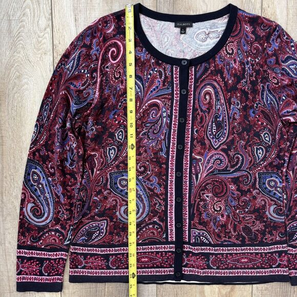 Talbots Women Cardigan Button Up Size L Navy Paisley Office Holiday Preppy Artsy - Picture 8 of 10
